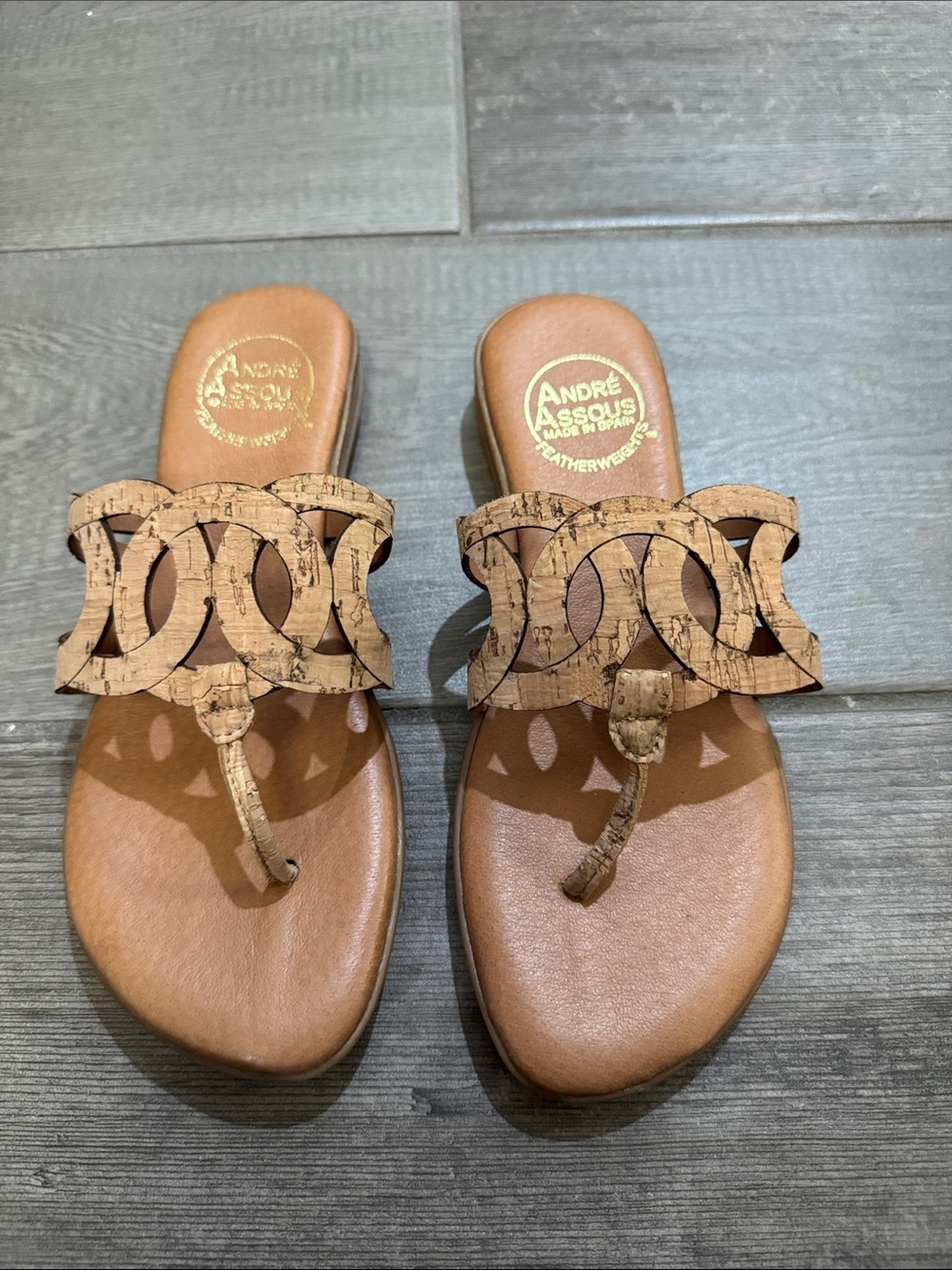 Andre Assous Cork-Pattern Thong Sandals in Tan